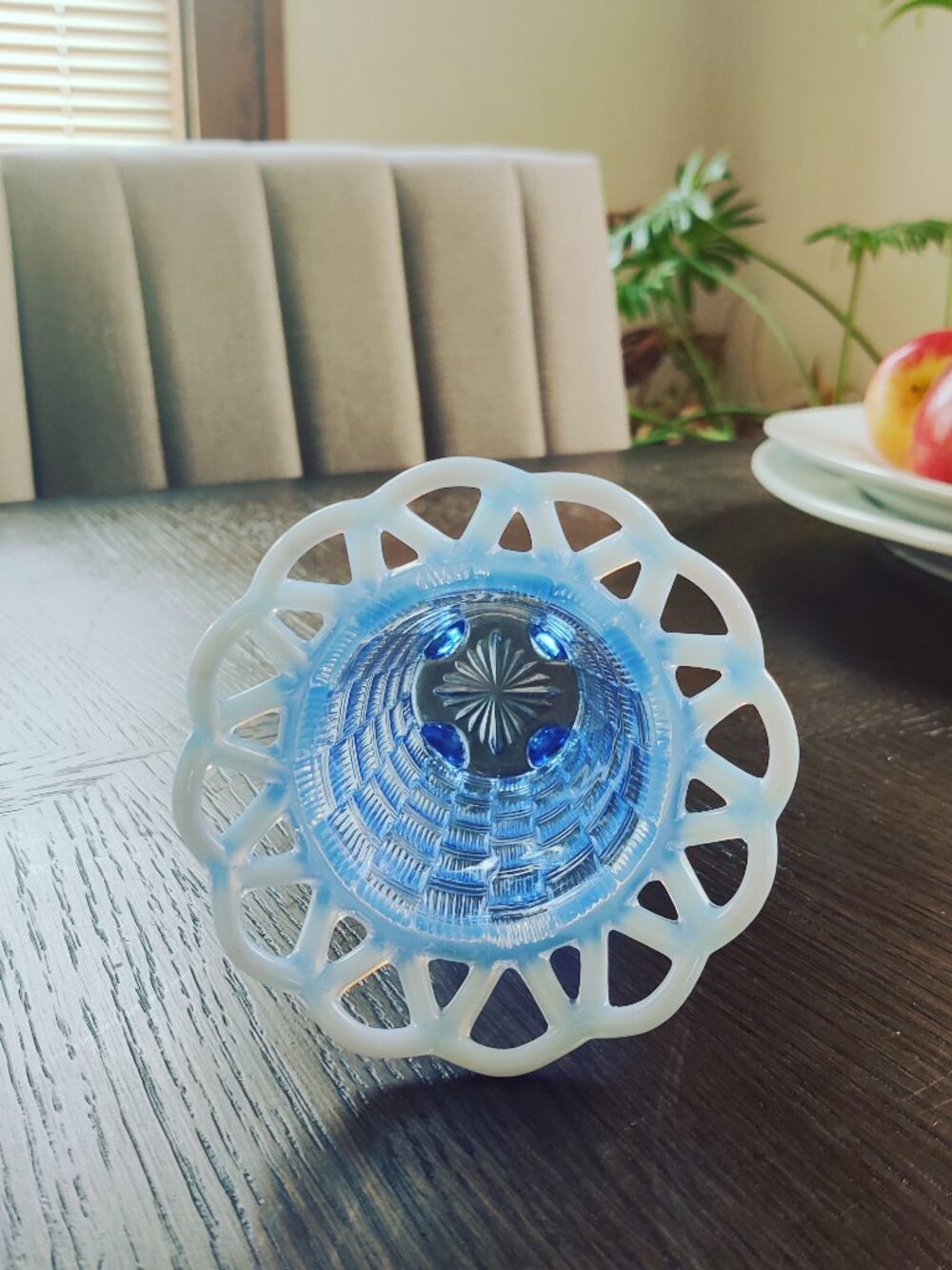Fenton vase with reticulated rim and basket weave design